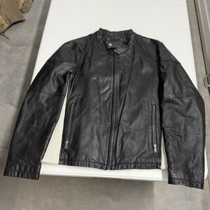 Black Leather Moto Jacket White Ribbed Side Panels Cafe Racer Band Collar